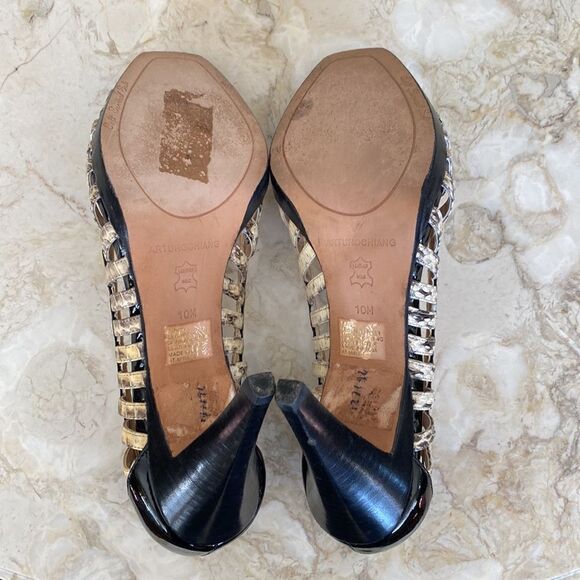Arturo Chiang Peep Toe Snakeskin Embossed Leather Heels - Picture 8 of 13
